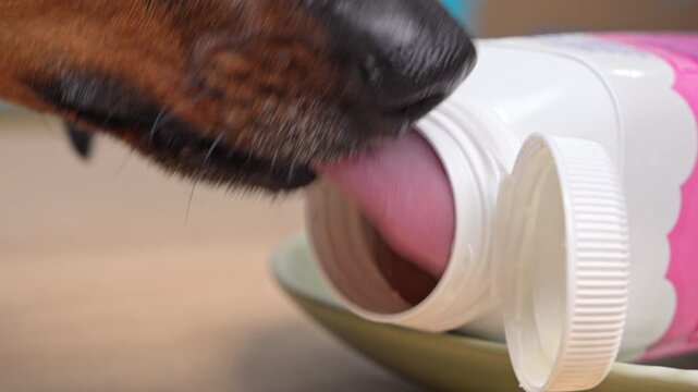 Close-up of a dog face sniffing and licking the neck of a white plastic yogurt bottle lying on its side without a lid on a plate indoors.