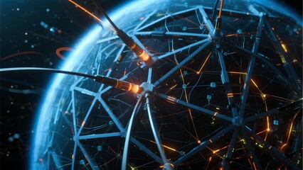 Digital network structure surrounding a planet in space, featuring interconnected nodes and glowing connections
