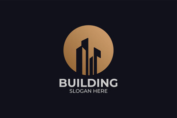 Modern Real Estate Corporate Logo with Luxury Gold Circle and Abstract Building Skyline Silhouette