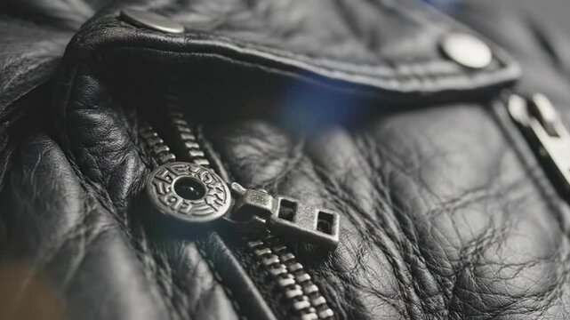 Close up view of the black leather jacket with intricate zipper and detailed textures of the material