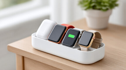 Modern charging station with cable box organizer for smart devices on wooden desk