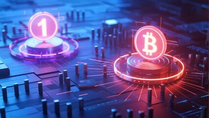 Digital representation of Bitcoin and ranking symbol on a futuristic circuit board with glowing elements