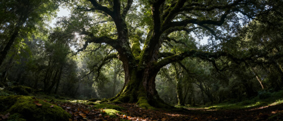 A majestic ancient tree in a dense forest with sunlight filtering through the canopy