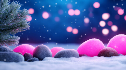 Winter night fantasy with pink lights and snowy ambiance for festive designs