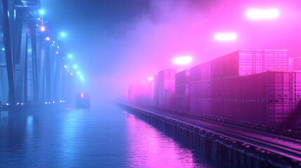 Glowing cyan supply vessels on canal towpath under neon lights