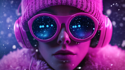 Futuristic neon portrait of a woman in winter attire with glowing snowflakes