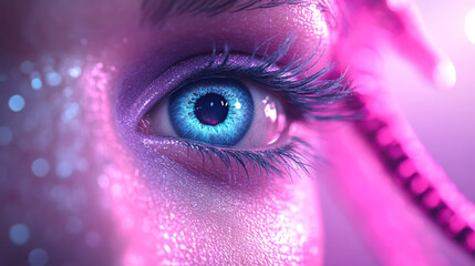 Fascinating close-up of luminous pink alien eye with futuristic details