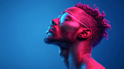 Futuristic portrait of holographic pink alien athlete with glasses against blue background