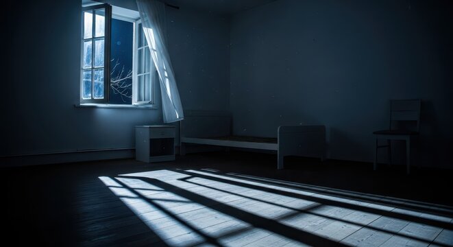 Moonlight streams through an open window casting distinct shadows across the bare wooden floor of a dimly lit room.
