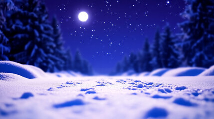 Snowy winter night scene with starry sky and forest trees for seasonal design