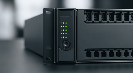 Close-up of server rack unit with status indicator lights, data center hardware, and network technology