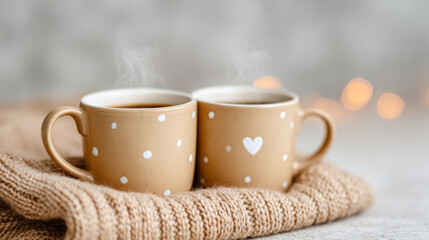 Cozy togetherness: two mugs of warm beverage in a loving setting