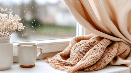 Cozy winter morning: opening curtains to a snowy view for relaxation and comfort