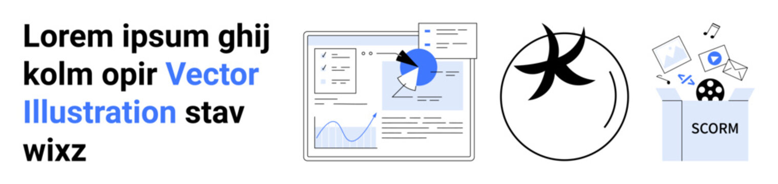 Education technology, e-learning tools, SCORM compliance, learning analytics, digital content, vector illustration. Features graphs, SCORM symbols and digital tools. Education technology