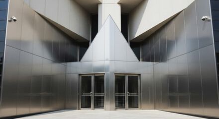 Modern corporate building entrance facade featuring metallic panels, geometric design, glass doors, and security cameras