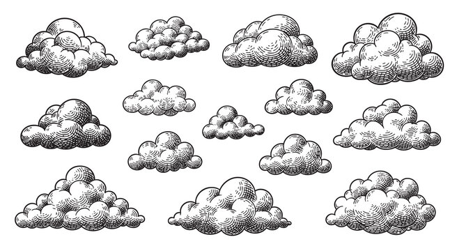 Cloud and cloudiness vintage sketches. Vector hand drawn sky of ancient engraved fluffy clouds, antique map elements