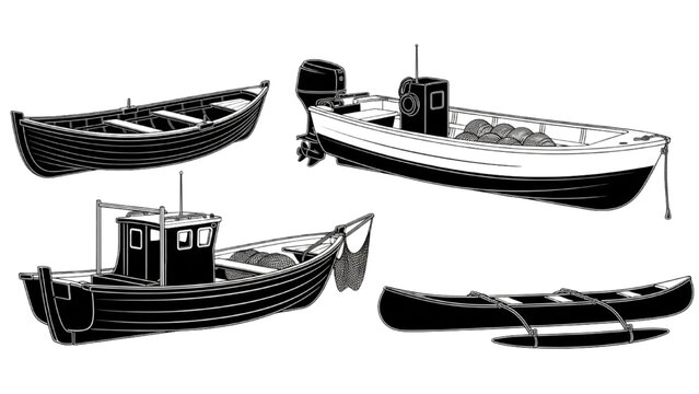 Illustration of various boats including a fishing vessel and a canoe