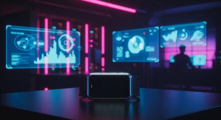 Smart Watch on Table in Futuristic Control Room with Neon Lights, Data Monitoring Screens and Cyber Security Interface Background.