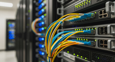 Fiber optic and Ethernet cables plugged into network switches in a modern data center, symbolizing high-speed connectivity and IT infrastructure.