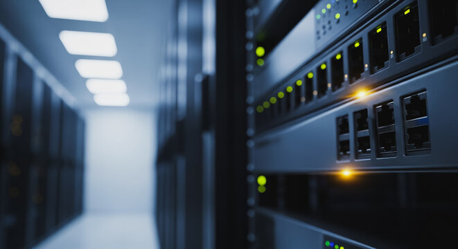 Server rack close-up showing network switch ports and glowing LED indicators in a secure data center environment, symbolizing digital connectivity and IT infrastructure. - Powered by Adobe