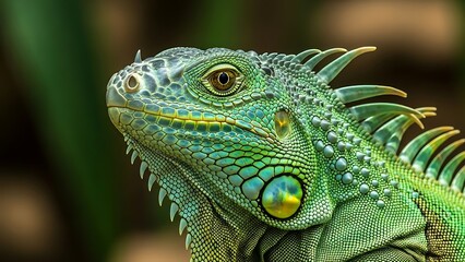 Fototapeta premium Close-up of Green Iguana Head with Scales.