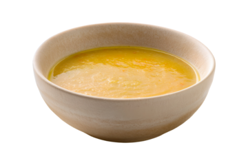 Bowl of creamy yellow soup for Ramadan iftar, isolated on transparent background