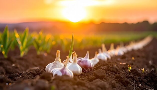 Garlic plantation farmland with harvesting garlic atop soil