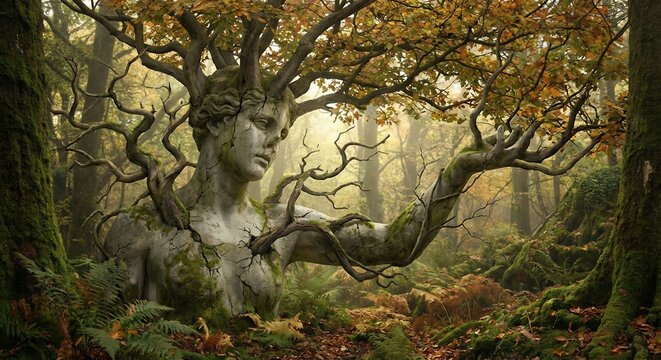 Surreal stone statue of a human figure fused with tree branches in a mystical forest. Symbol of nature spirit, harmony, mythology, transformation, and environmental connection.