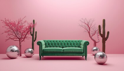 Modern surreal interior scene with a green velvet sofa placed inside a pink fantasy environment with abstract decorative elements.