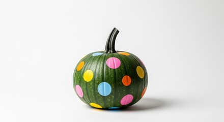 Obraz premium Green pumpkin decorated with colorful polka dots on a white background