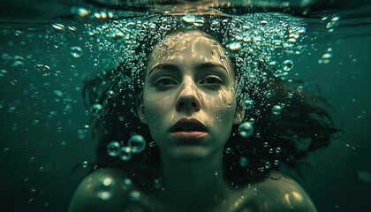 Surreal Underwater Portrait of a Woman Floating Gracefully with Bubbles in Green Depths