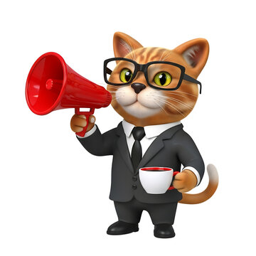 A business cat holding a megaphone and a coffee cup
