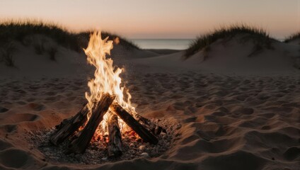 Burning bonfire on a sandy beach at dusk.  Golden flames rise against a tranquil beach scene