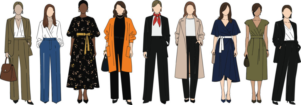 Set of diverse women fashion characters in stylish modern outfits including professional business suits elegant dresses and casual outerwear