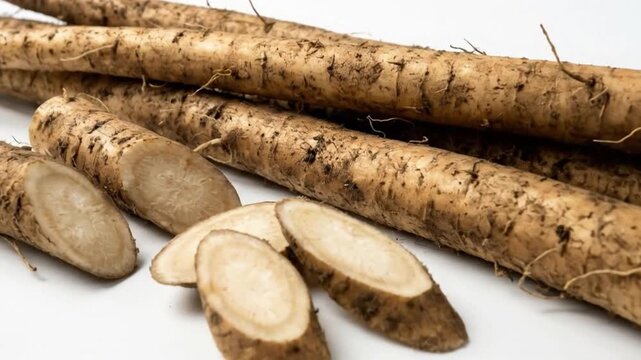 This vibrant studio shot showcases fresh, raw burdock roots, also known as gobo, arranged thoughtfully against a clean, bright white background. Several whole roots are prominently displayed, highligh