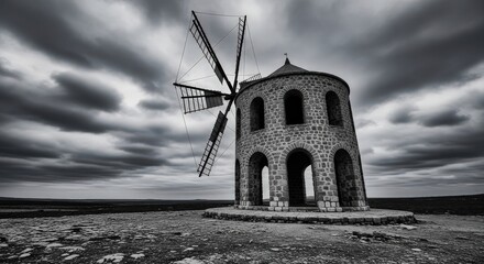 Dramatic black and white image of an old stone windmill under a stormy sky