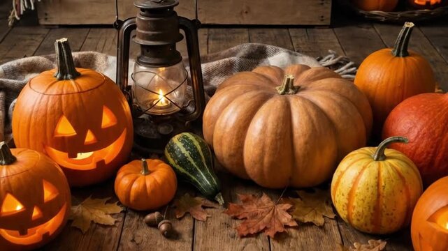 This warm and inviting rustic still life features a delightful collection of orange pumpkins and decorative gourds, some thoughtfully carved into traditional glowing faces, creating a cheerful seasona