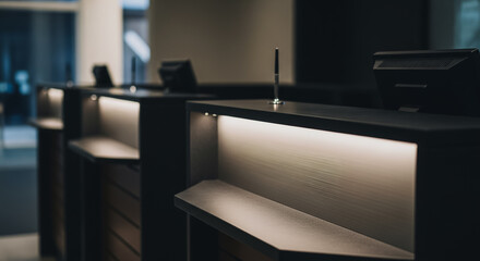 Modern hotel or office reception desk with warm ambient lighting and dark sophisticated design