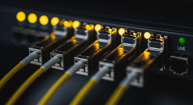 Fiber Optic Cables Connected to Network Switch Ports with Glowing Activity Lights and LIVE Indicator, High-Speed Data Transfer Technology