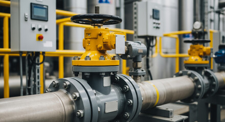 Industrial piping system detail showing a yellow manual valve, bolted flanges, and automated control equipment.