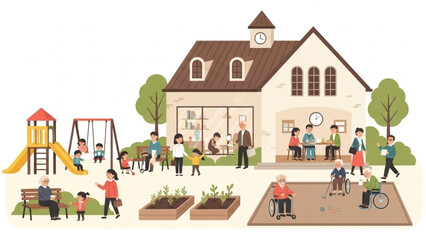 Public Community Center with Family and Elderly Activities Vector