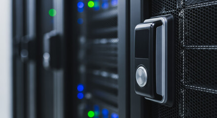 Close-up of server rack handle and perforated door in a modern data center with blinking LED lights, symbolizing network security and digital technology infrastructure