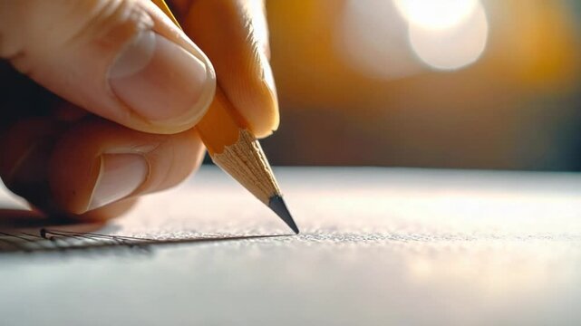 Close-up of a hand holding a sharpened pencil writing or drawing on textured paper