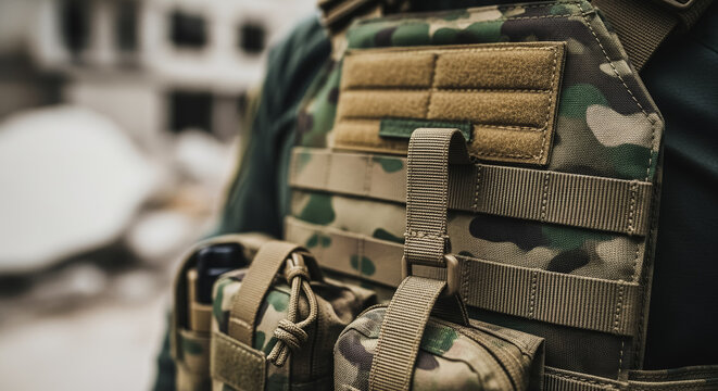 Tactical gear close-up, soldier wearing camouflage plate carrier vest with pouches and webbing detail.