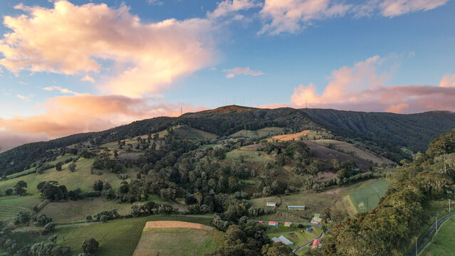 Aerial View of Rural Farmland on the Slopes of Irazu Volcano in Costa Rica at Sunset