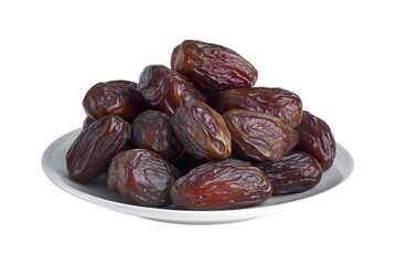 Obraz premium Pile of dried dates on white plate for Ramadan iftar, isolated on transparent background