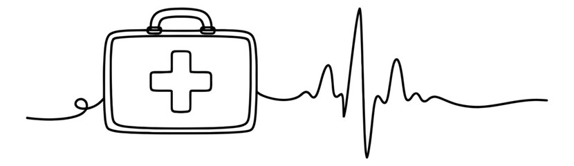 Obraz premium Hand drawn line art illustration of a first aid kit and an ecg line depicting medical readiness and health monitoring for emergency services