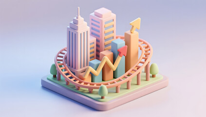 Miniature city buildings as bar charts showing stock fluctuations