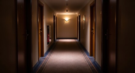 Interior view down a dimly lit hotel corridor featuring closed doors and overhead lighting.