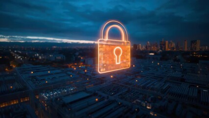 Glowing digital padlock hologram over cityscape data center dusk secure network protection security - Powered by Adobe